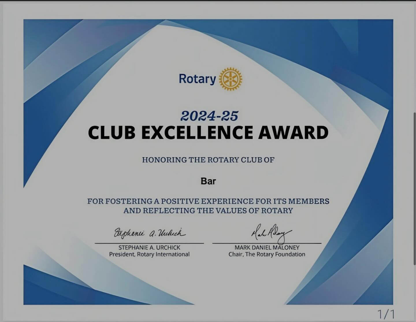 Rotary klub Bar dobitnik prestižne nagrade Club Excellence Award 2024/25